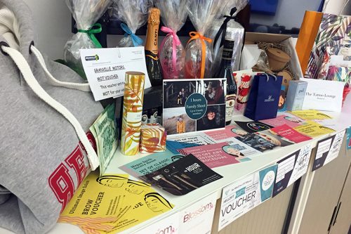 Raffle prizes donated by local businesses supporting BiU fundraising day for WWF Australia