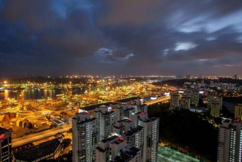 A nightime view of a busy city