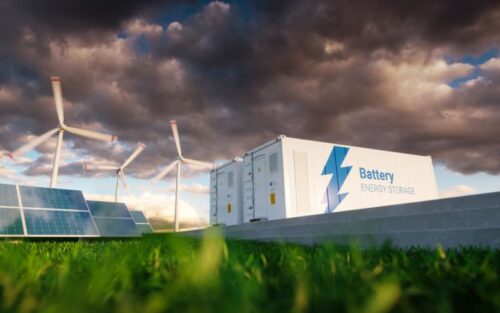 Battery storage chambers next to wind turbines and solar panels