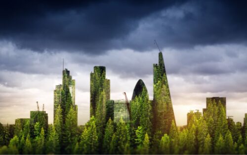 A set of London buildings covered in plants
