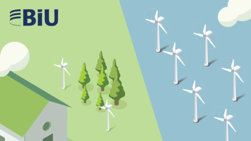 An illustration with wind turbines, green and a sea