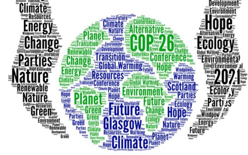 A pair of hands holding a globe made out of words like COP 26, Climate, Planet