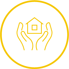 Yellow Icon with two hands holding a house