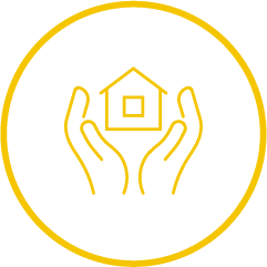 Yellow Icon with two hands holding a house