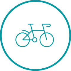 A teal icon with a bicycle in centre