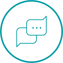 A teal icon with two speech bubbles