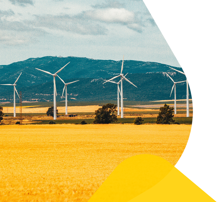 Wind turbines in a wheat field against a blue sky